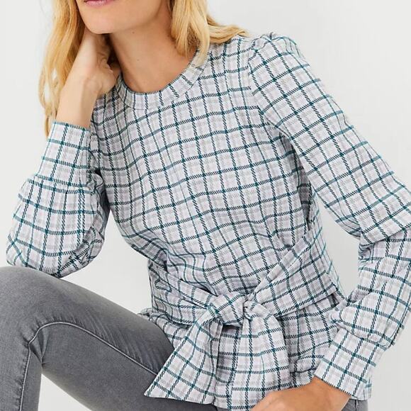 ANN TAYLOR Plaid Puff Sleeve Tie Waist Sweatshirt Winter White {Q48} - Picture 1 of 3